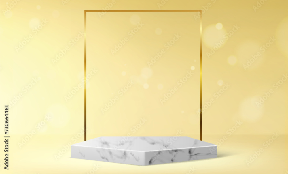 Aufkleber grey stone pentagon product display with golden rectangular frame on pastel yellow background with l