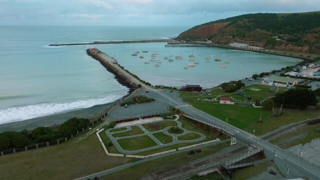 Aerial: Harbour, pier in Oamaru, Otago, New Zealand.