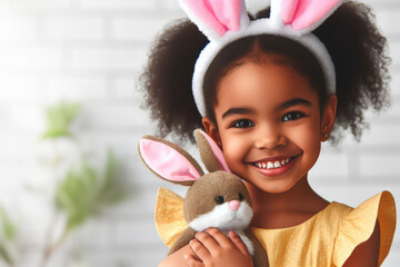 African-American young girl with cute bunny rabbit ears on studio background. Empty space place for text, copy paste, horizontal banner. - obrazy, fototapety, plakaty
