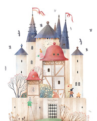 Cute watercolor castle. Old fairytale city. Decor for a children room. Watercolor background.