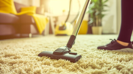woman vacuuming the carpet