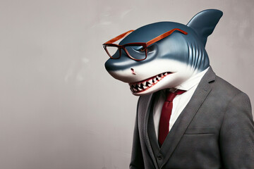 Anthropomorphic shark dressed in a suit and glasses like a businessman. Business Concept in retro...