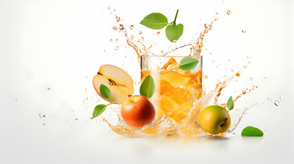 Ripe apple and mint chunks splashing into glass of water, isolated on white background with copy space. 