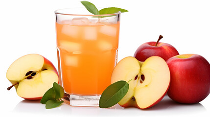 Fototapeta premium Glass of apple juice and slices of fruit, ice cubes isolated on white background.