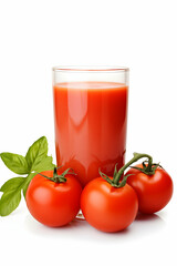 Glass of tomato juice and tomatoes and red chilli papper isolated on white background