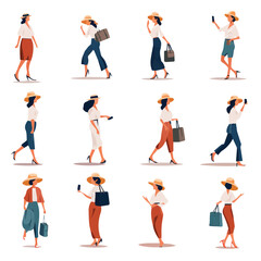 Set of minimalist vector illustrations of tourist women in summer on white background.