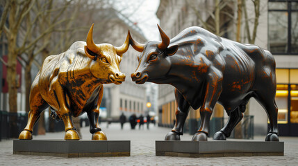 Two bull statues in big city. Concept for bullish financial market. - obrazy, fototapety, plakaty