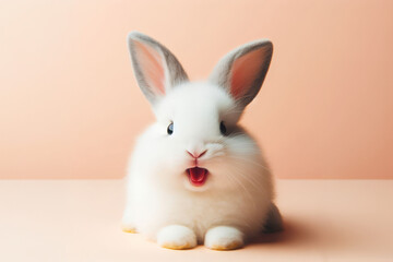 cute little white rabbit on a colored background festive easter mood.