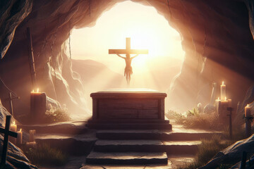 Crucifixion and Resurrection. He is Risen. Empty tomb of Jesus with crosses in the background and...