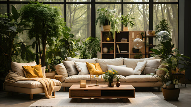 Living Room With A Large Sofa In A Conservatory Full Of Green Plants. Spacious Room With Large Windows.