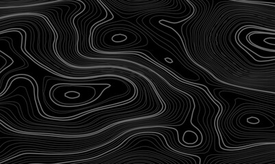 Wave topographic contour map, topographic wavy map white line on black background. Abstract geographic wave grid line map. Geographic mountain relief background.