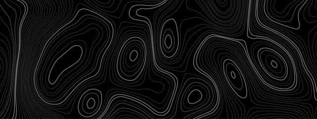Wave topographic contour map, topographic wavy map white line on black background. Abstract geographic wave grid line map. Geographic mountain relief background.