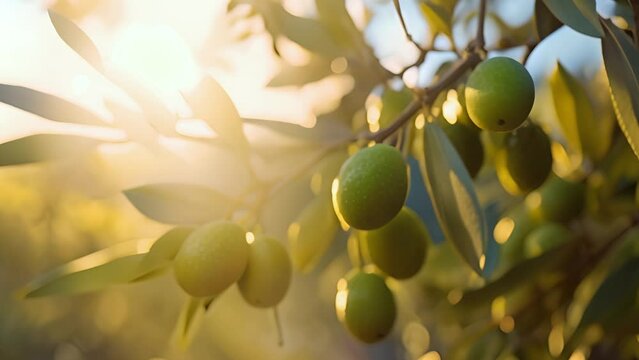 Ripe Olives on the tree branch, sunset light. The sun rays twinkle in the garden with an olive tree