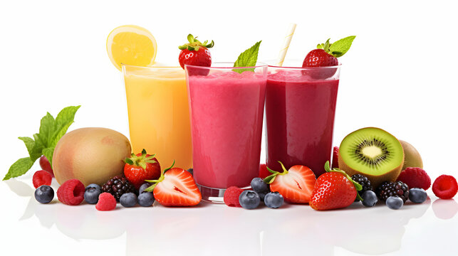 Set of smoothie fruit juice with fruits isolated on a white background