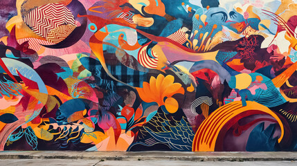 Vibrant street mural with swirling abstract forms.