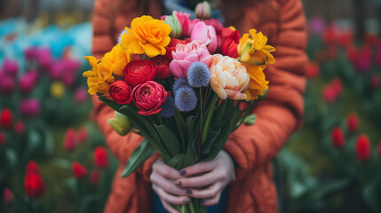 Person holding a bouquet of vivid spring flowers.