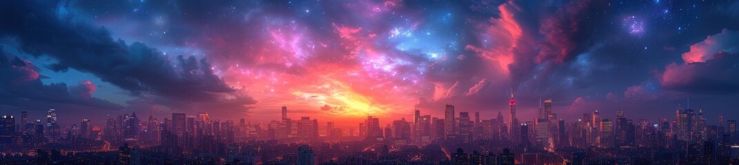 Obraz premium A cosmic cityscape shrouded in the glow of ethereal nebulae, where futuristic skyscrapers touch the stars 