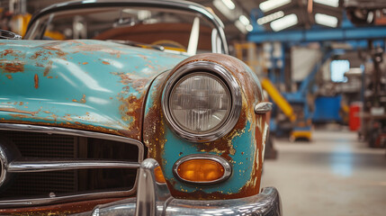 Old, worn out and rusty classic car inside a garage. Ready to under go a restoration.