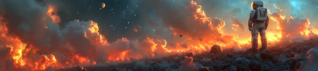 A space explorer surveys a breathtaking asteroid belt, framed by radiant hues of interstellar clouds - obrazy, fototapety, plakaty