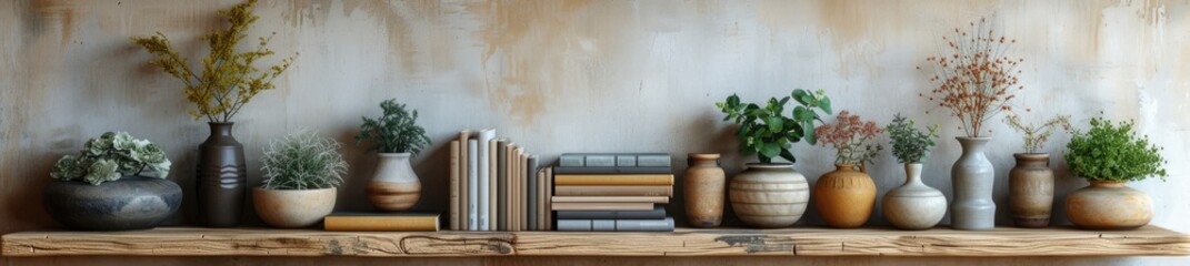 Arrangement of plants and books on a white background