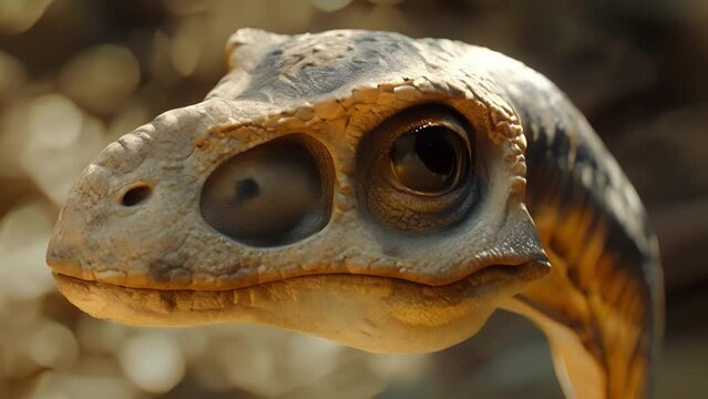 A closeup of a dinosaur skull with a pronounced beak and large eye sockets showcasing its avian evolution.