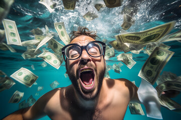 Crazy men swimming in pool with money floating around him