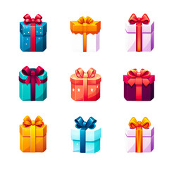 Set of colorful gift boxes with ribbons and bows isolated on white background. Vector illustration
