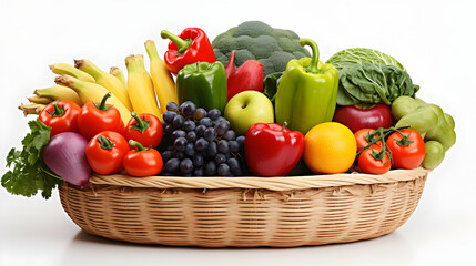 Fresh Fruits and Veggies Spilling from Basket: An eye-catching display of assorted fruits and vegetables cascading from a basket, perfect for conveying themes of health and nutrition.