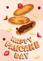 Vector banner for Pancake Day. Pancakes with syrup, melted butter and chocolate flying over the frying pan. Food illustration. Congratulation banner, card, image.