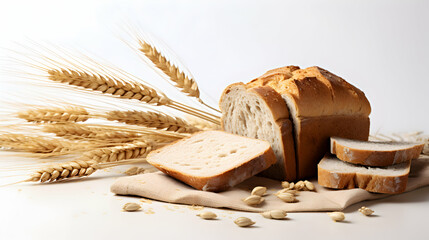 Homemade Wheat Bread and Grains, Homemade wheat bread and grains displayed on bright white background. - obrazy, fototapety, plakaty