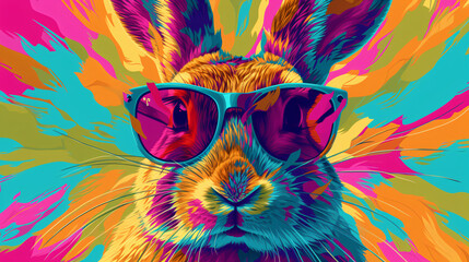 Colourful illustration of a rabbit wearing sunglasses