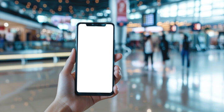 Mockup image of a person holding and showing white mobile phone with blank black desktop screen to someone train station airport with passing people on background. Travel advert transport concept