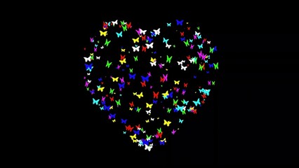 Beautiful illustration of heart shape with colorful butterflies on plain black background