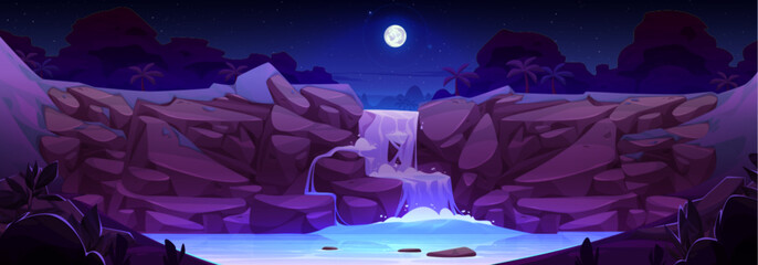 Night tropical landscape with cascade waterfall in jungle under starry sky and full moon light. Cartoon vector dark scenery with river water fountain flowing on rock cliff with palm trees on shore.