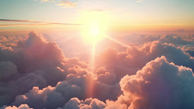 Beautiful aerial view above clouds with sunset. 