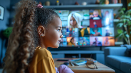Young elementary school girl attending a virtual online class from home.