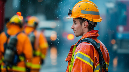 Emergency response personnel responding during a storm. Profile view of a fire man in orange uniform. - obrazy, fototapety, plakaty