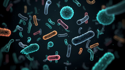 Various shapes of bacteria, probiotics under microscope, science, medicine concept background