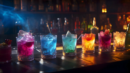 Neon cocktails arranged on counter in bar scene with softly blurred liquor shelves in background. - obrazy, fototapety, plakaty