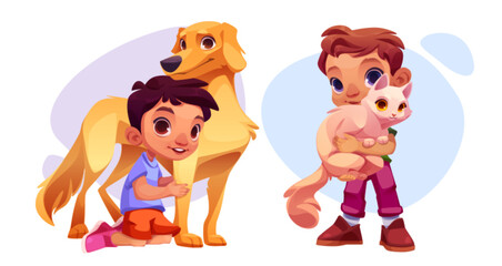 Naklejki  Kid boy with pet dog and cat. Happy preschool male child taking care and cuddle fluffy pet. Cartoon vector illustration set of love and friendship between baby owner and his puppy and kitty.
