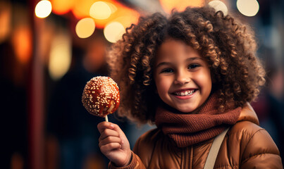 Happy Curly-Haired Young Girl Smiling with a Candy Apple at a Festive Fairground