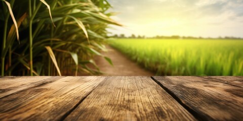 The empty wooden brown table top with blur background of sugarcane plantation. Exuberant image. generative AI