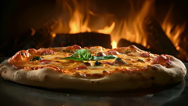Pizza cooking in very hot wood burning oven