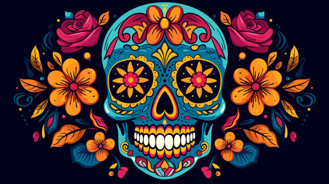 Vector background showcasing a stylized sugar skull  reflecting cultural elements and vibrant colors in a Day of the Dead theme. simple minimalist illustration creative