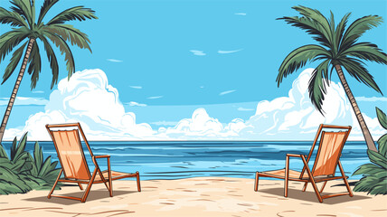 Vector depiction of a tropical beach with palm trees  beach chairs  and a clear blue sky  creating a visually inviting and relaxing coastal atmosphere. simple minimalist illustration creative