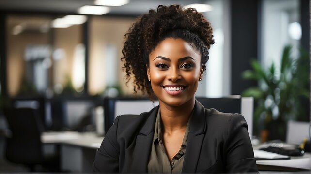 Young Professional Black African Woman At Office Desk Smiling To Camera From Generative AI