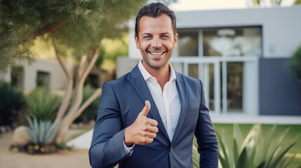 Male Real Estate Agent or broker with welcoming thumbs up gesture and show clients around properties
