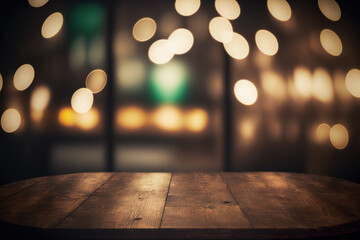 Wooden table blurred background of restaurant of cafe with bokeh. Flawless generative ai