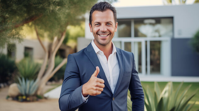 Male Real Estate Agent or broker with welcoming thumbs up gesture and show clients around properties