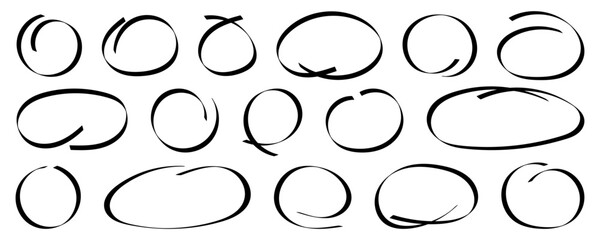 Hand drawn ovals and circles set.  Speech bubble collection.  Ellipses in doodle style. Simple ribbon set. Sketch frame with open space vector illustration